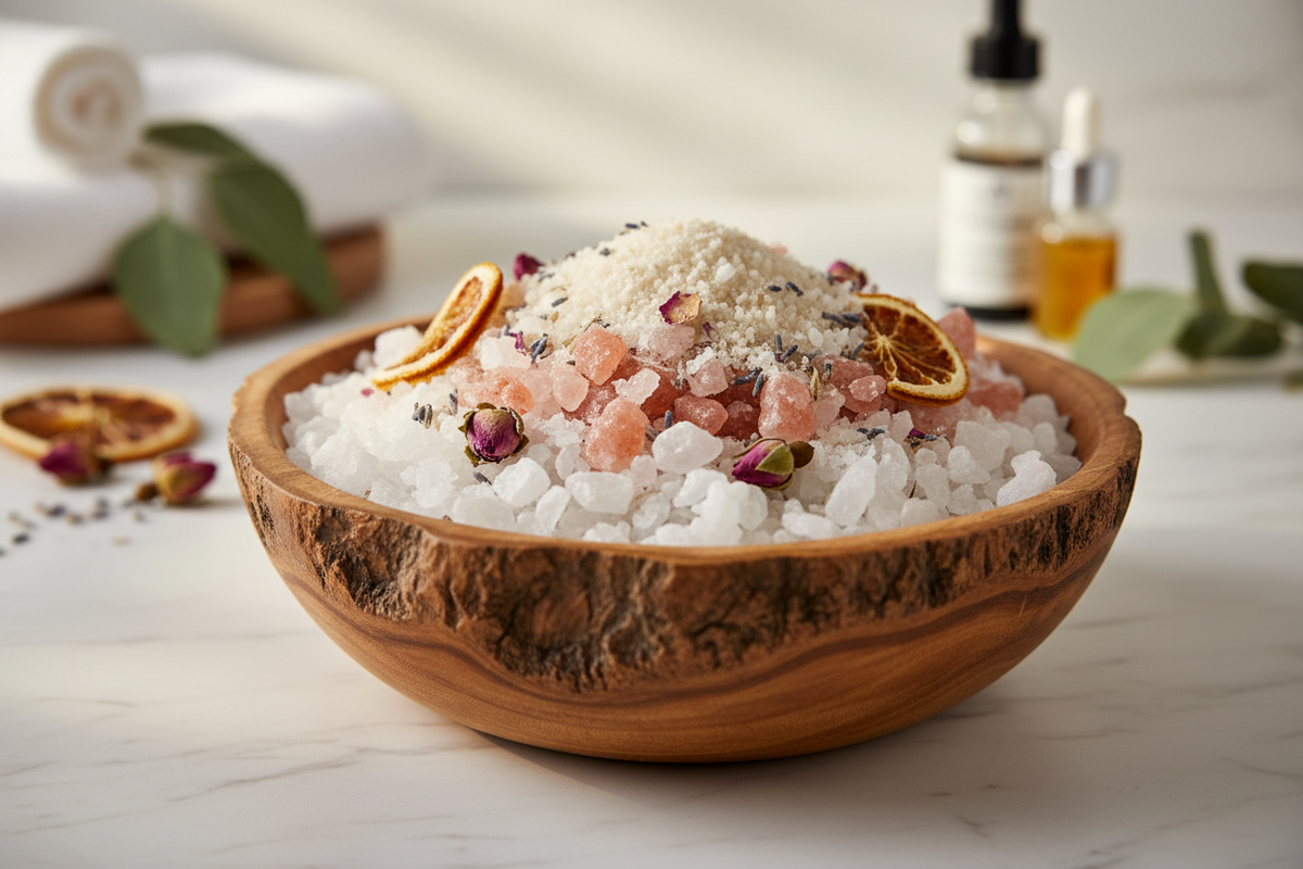 Bath salts with Epsom, Himalayan and sea salt in a wooden bowl