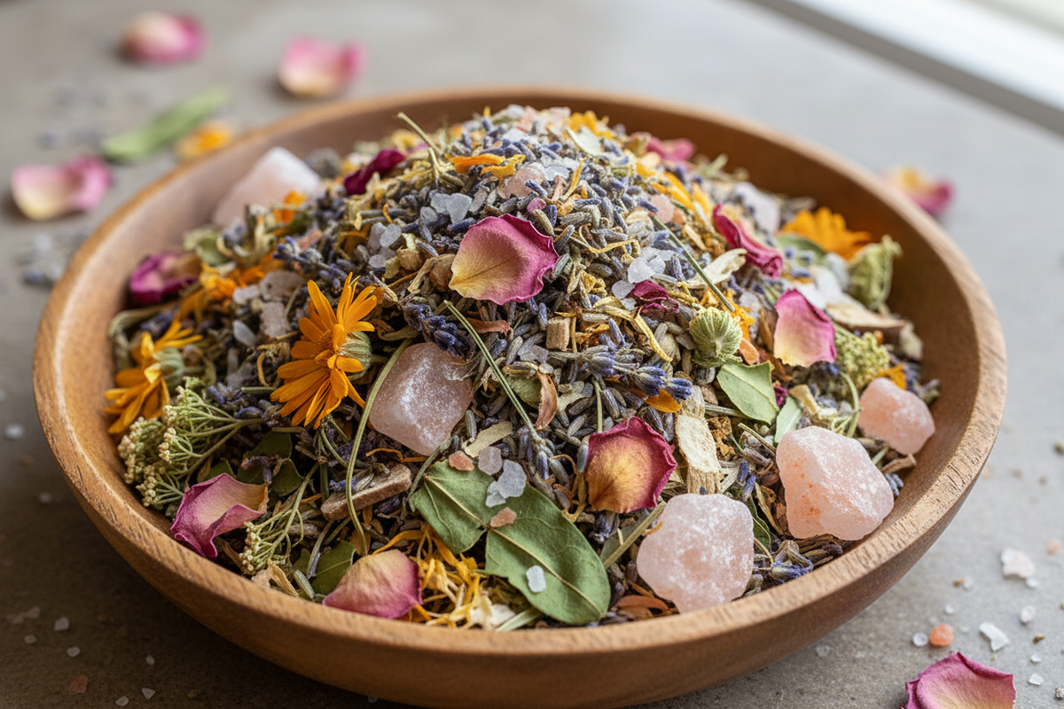 sitz bath tea mixture - made of rose petals, calendula, yarrow, lavender, plantain leaves, comfrey, Epsom salts, sea salt, Himalayan salt
