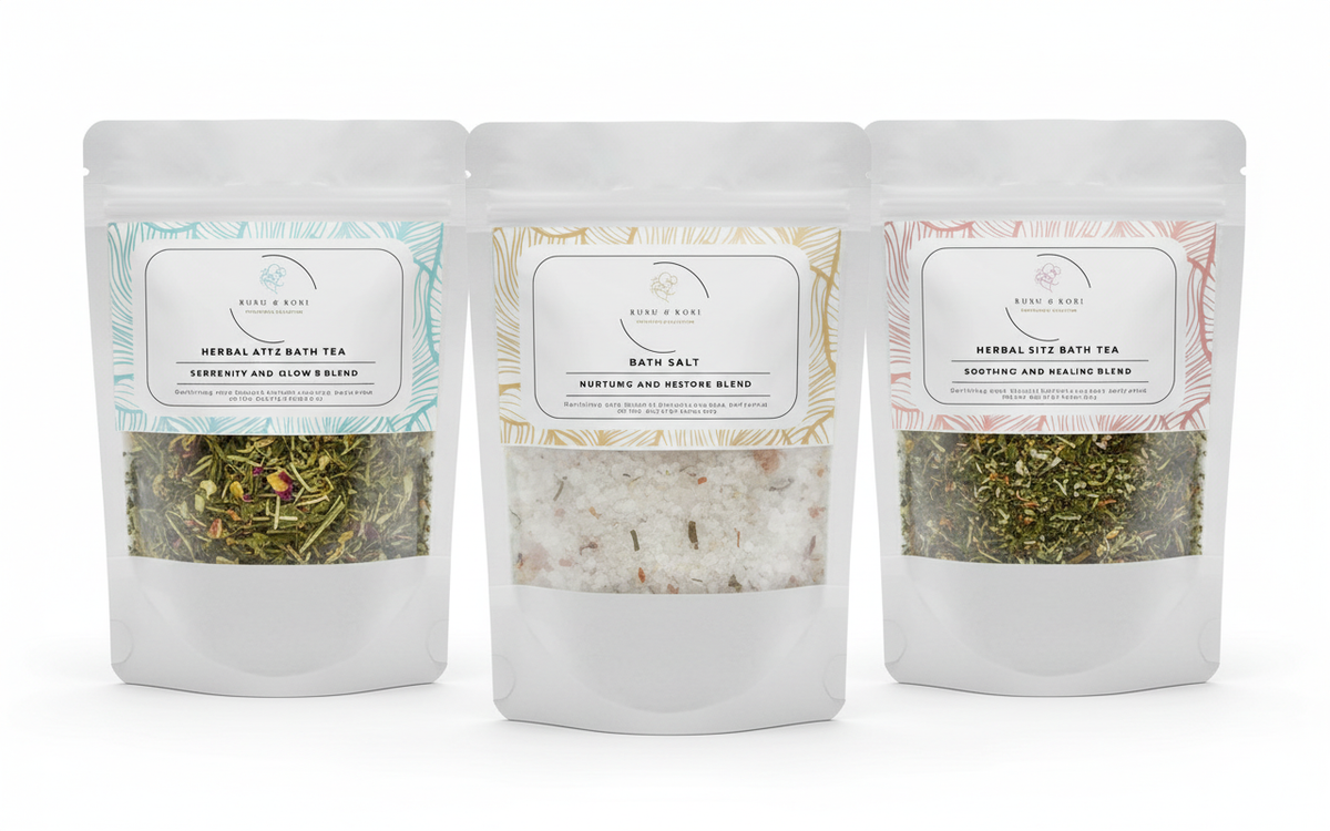 Three white mylar pouches with labels above windows